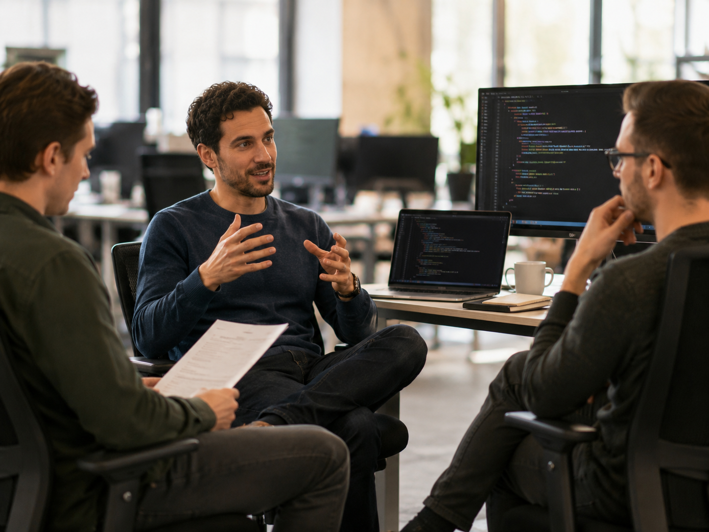Equipe da Upwage em reunião de desenvolvimento de software